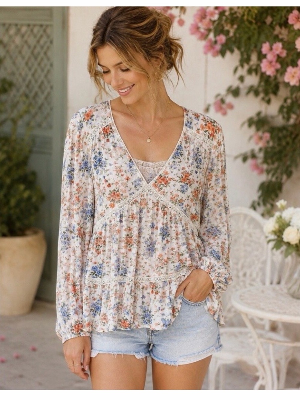 American Eagle Women L Floral Peplum Blouse Lace Cottagecore Prairie Boho Cute